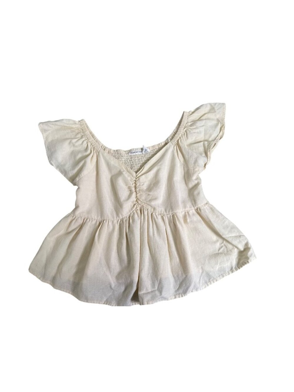 Womens Ivory Short-Sleeve Peplum Top Smocked Back Linen Blend Large Coastal